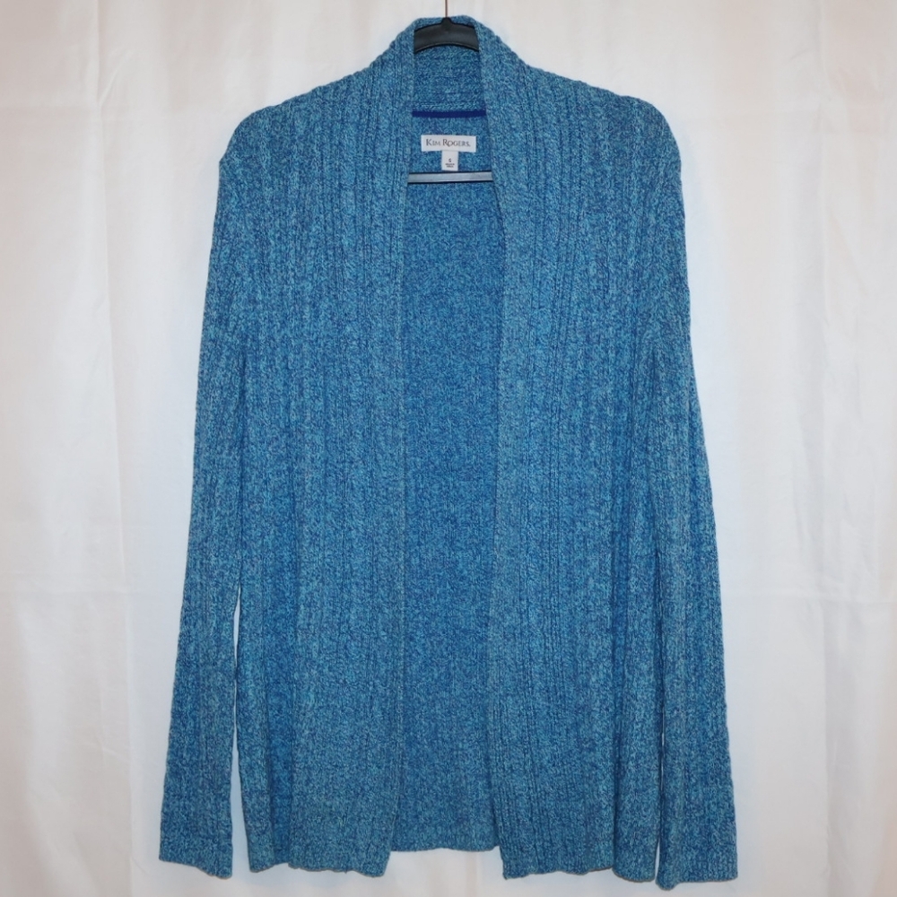 Kim Rogers Blue Open Front Cable & Marled Knit Cardigan.
